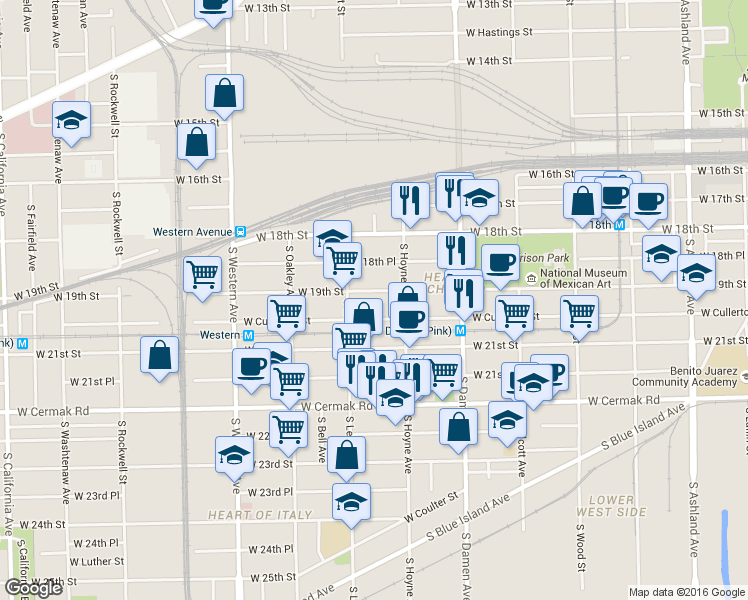 map of restaurants, bars, coffee shops, grocery stores, and more near 2126 West 19th Street in Chicago