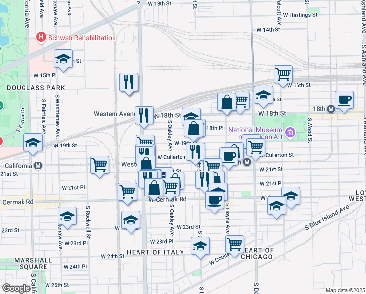 map of restaurants, bars, coffee shops, grocery stores, and more near 2240 West 19th Street in Chicago