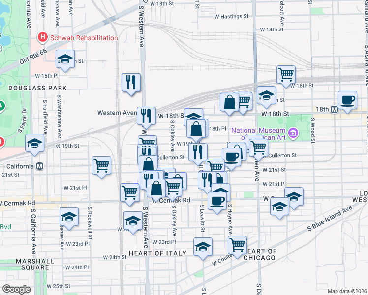 map of restaurants, bars, coffee shops, grocery stores, and more near 2240 West 19th Street in Chicago