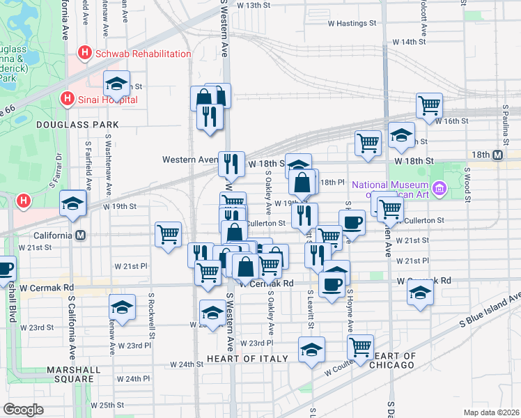 map of restaurants, bars, coffee shops, grocery stores, and more near 2316 West 19th Street in Chicago
