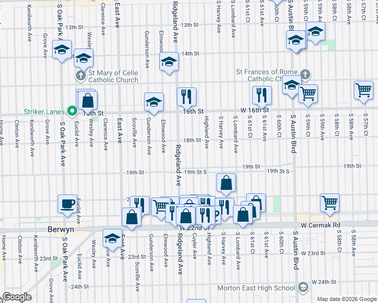 map of restaurants, bars, coffee shops, grocery stores, and more near 1800 Cuyler Avenue in Berwyn