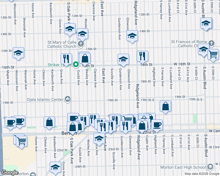 map of restaurants, bars, coffee shops, grocery stores, and more near 1800 Scoville Avenue in Berwyn