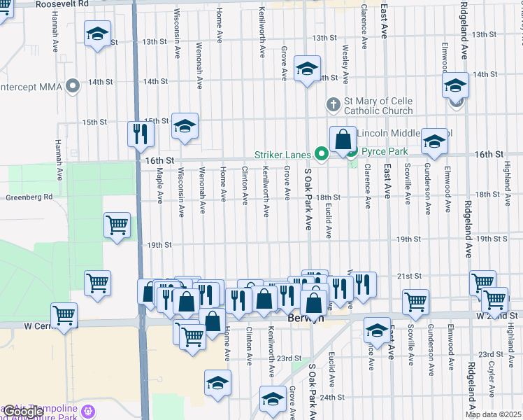 map of restaurants, bars, coffee shops, grocery stores, and more near 1800 Kenilworth Avenue in Berwyn