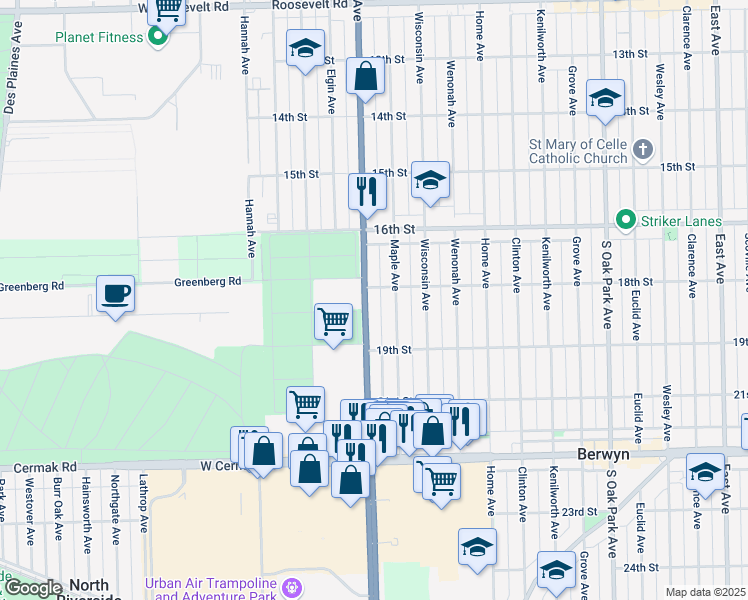 map of restaurants, bars, coffee shops, grocery stores, and more near 1730 South Harlem Avenue in North Riverside