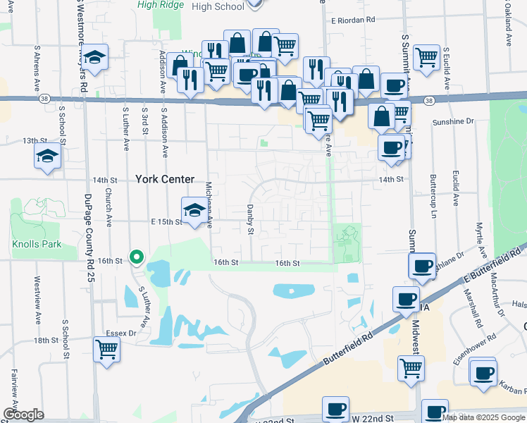 map of restaurants, bars, coffee shops, grocery stores, and more near 18W179 Standish Lane in Villa Park