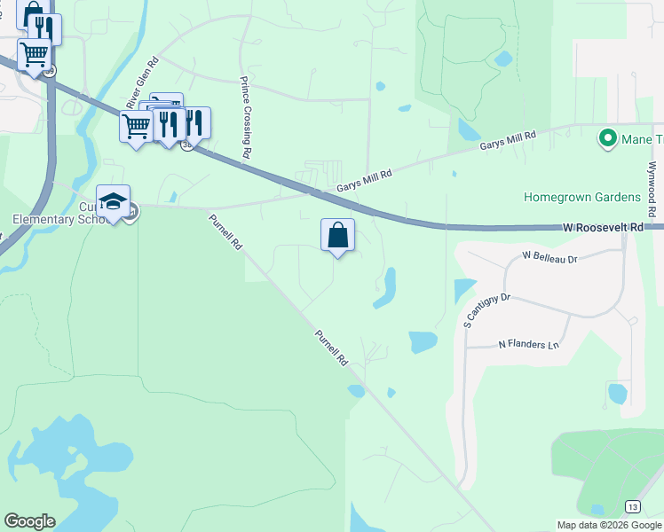 map of restaurants, bars, coffee shops, grocery stores, and more near 28W521 Roosevelt Road in Winfield