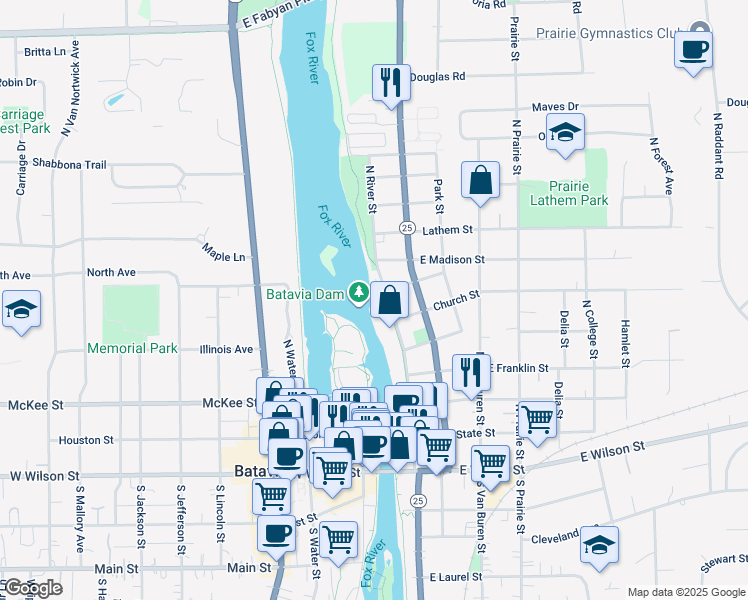 map of restaurants, bars, coffee shops, grocery stores, and more near 550 North River Street in Batavia