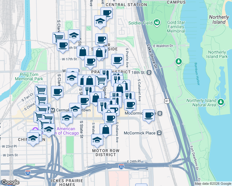 map of restaurants, bars, coffee shops, grocery stores, and more near South Indiana Avenue & East Cullerton Street in Chicago