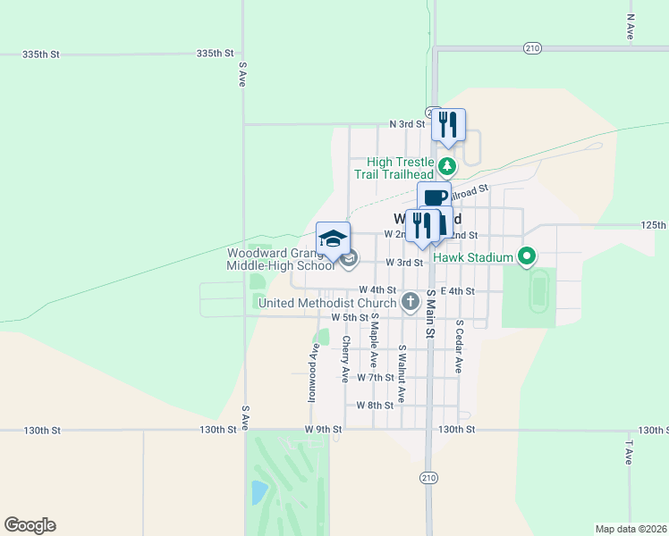 map of restaurants, bars, coffee shops, grocery stores, and more near 306 West 3rd Street in Woodward
