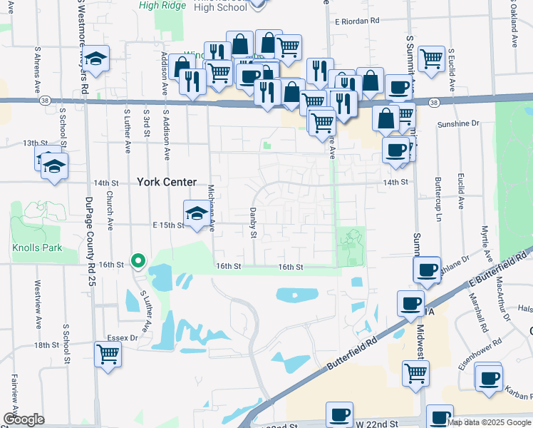map of restaurants, bars, coffee shops, grocery stores, and more near 18W179 Standish Lane in Villa Park