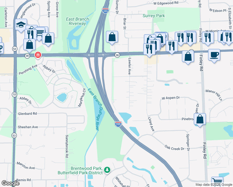 map of restaurants, bars, coffee shops, grocery stores, and more near 1268 Lawler Avenue in Lombard