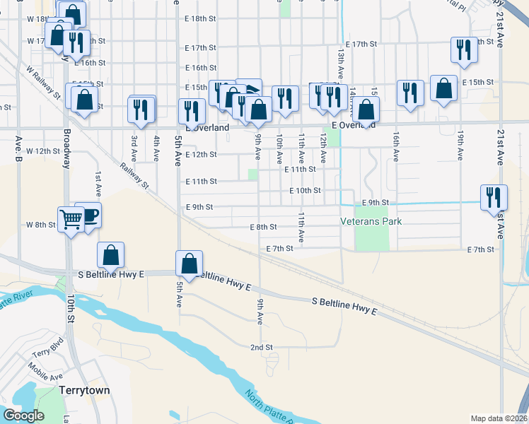 map of restaurants, bars, coffee shops, grocery stores, and more near 908 10th Avenue in Scottsbluff