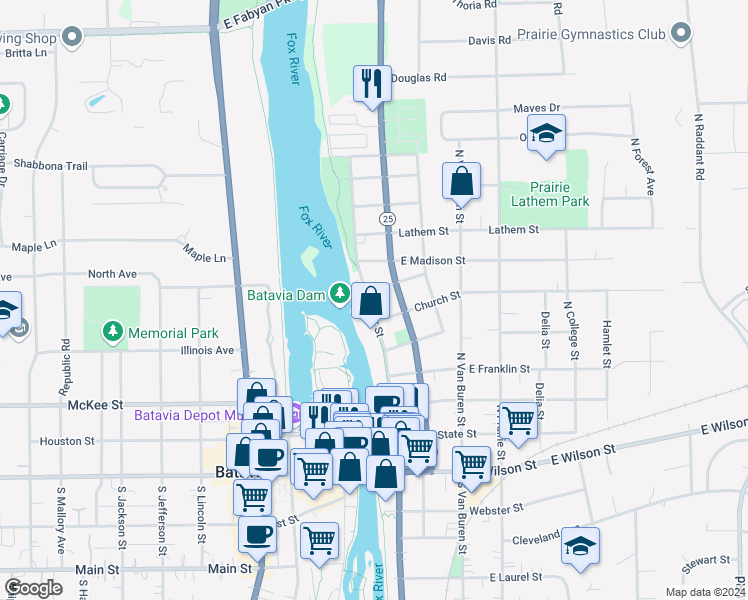 map of restaurants, bars, coffee shops, grocery stores, and more near 522 North River Street in Batavia