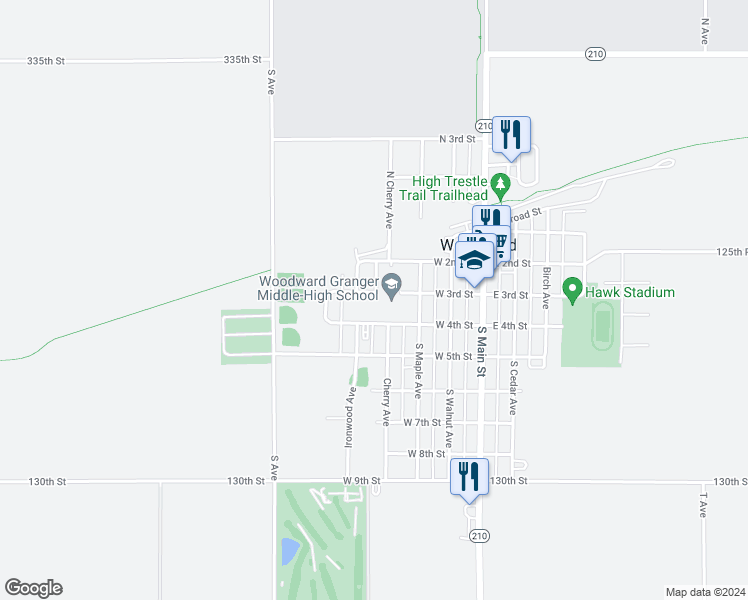 map of restaurants, bars, coffee shops, grocery stores, and more near 306 West 3rd Street in Woodward