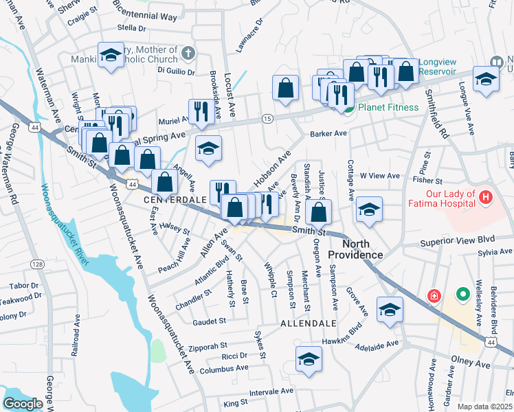 map of restaurants, bars, coffee shops, grocery stores, and more near 84 Olympia Avenue in North Providence
