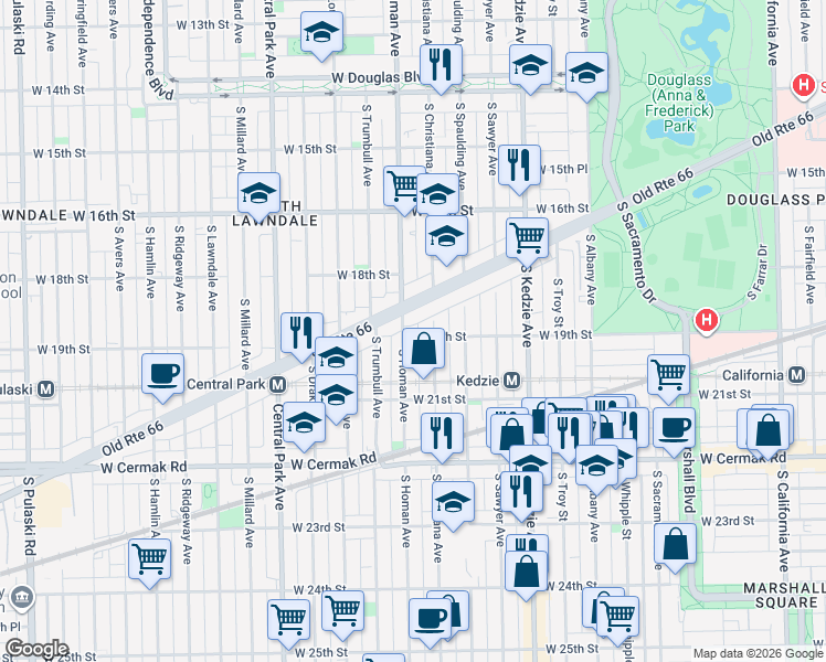 map of restaurants, bars, coffee shops, grocery stores, and more near 3350 West 19th Street in Chicago