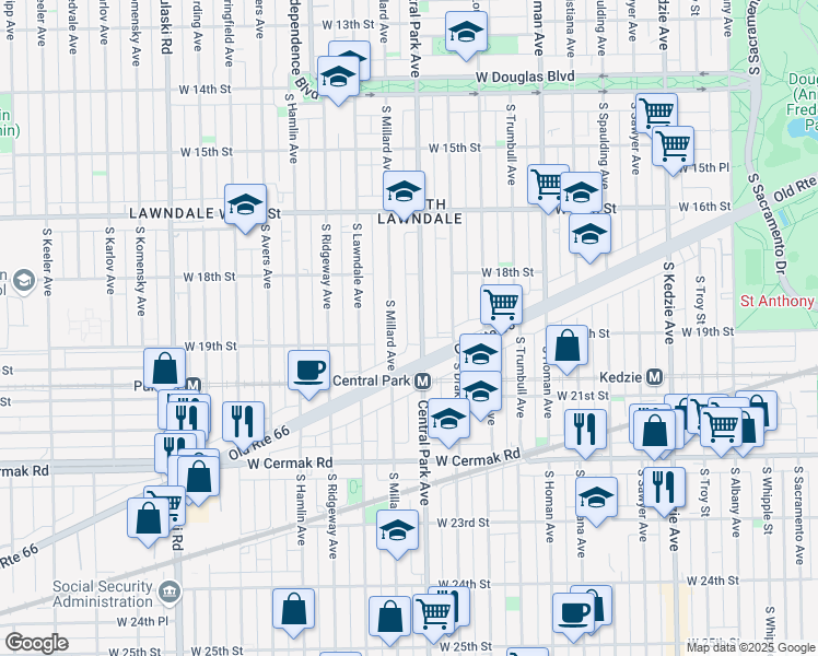 map of restaurants, bars, coffee shops, grocery stores, and more near 1852 South Central Park Avenue in Chicago
