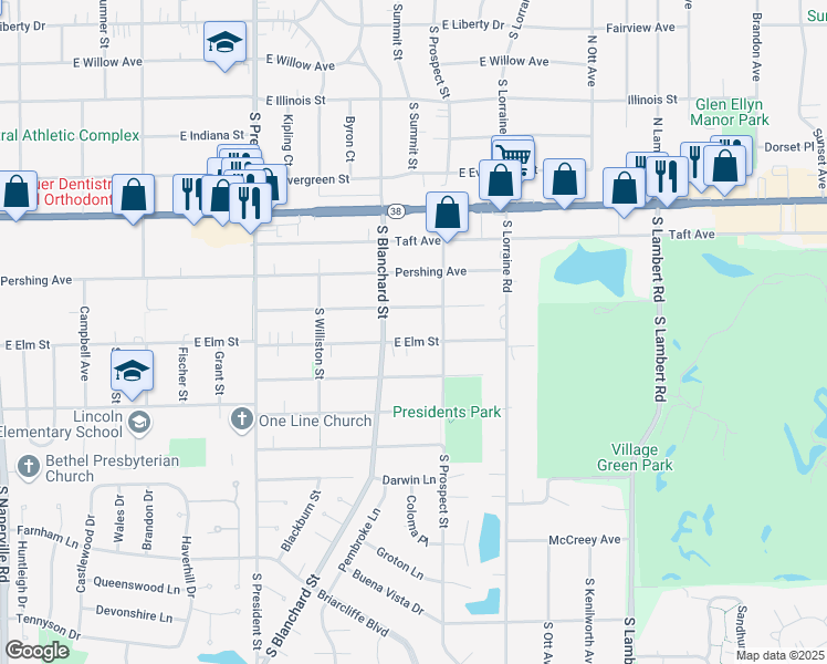 map of restaurants, bars, coffee shops, grocery stores, and more near 1418 Wilson Avenue in Wheaton