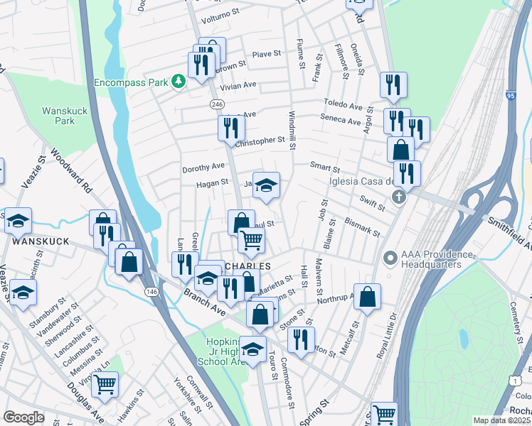map of restaurants, bars, coffee shops, grocery stores, and more near 110 Paul Street in Providence