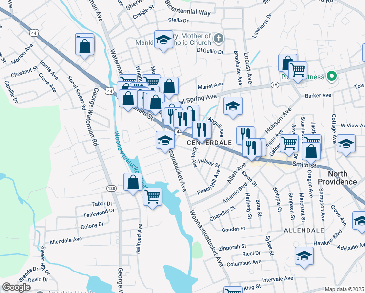 map of restaurants, bars, coffee shops, grocery stores, and more near 1934 Smith Street in North Providence