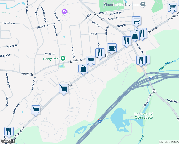 map of restaurants, bars, coffee shops, grocery stores, and more near 1177 Hartford Turnpike in Vernon