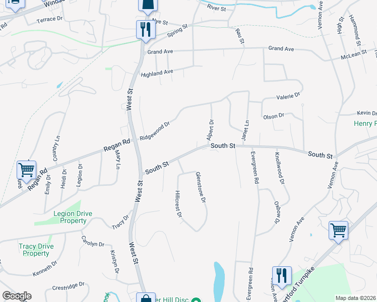 map of restaurants, bars, coffee shops, grocery stores, and more near 300 South Street in Vernon