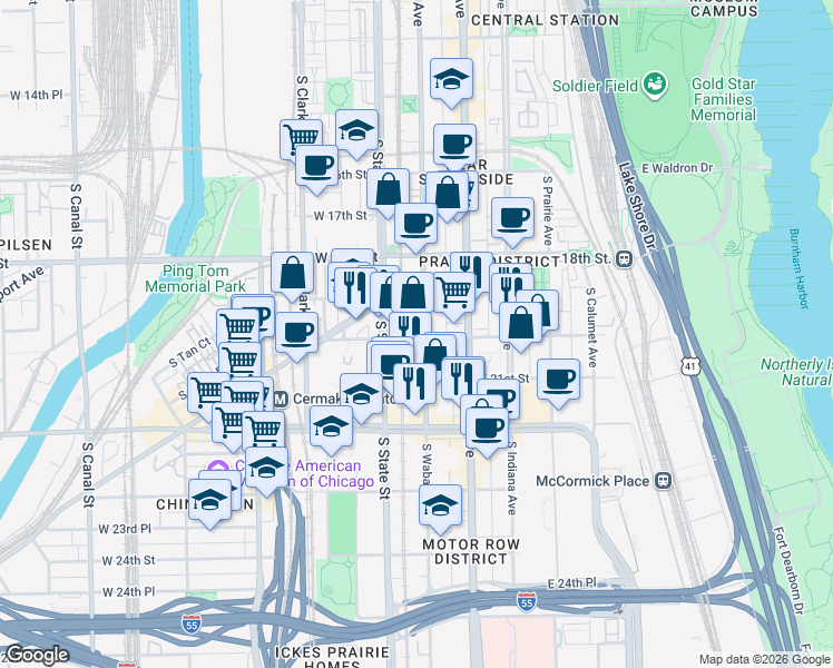 map of restaurants, bars, coffee shops, grocery stores, and more near 1918 South Wabash Avenue in Chicago