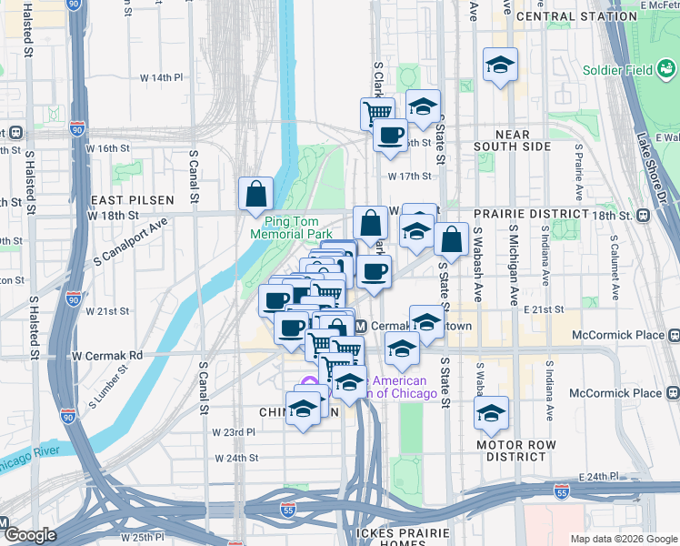 map of restaurants, bars, coffee shops, grocery stores, and more near 1901 South Wentworth Avenue in Chicago