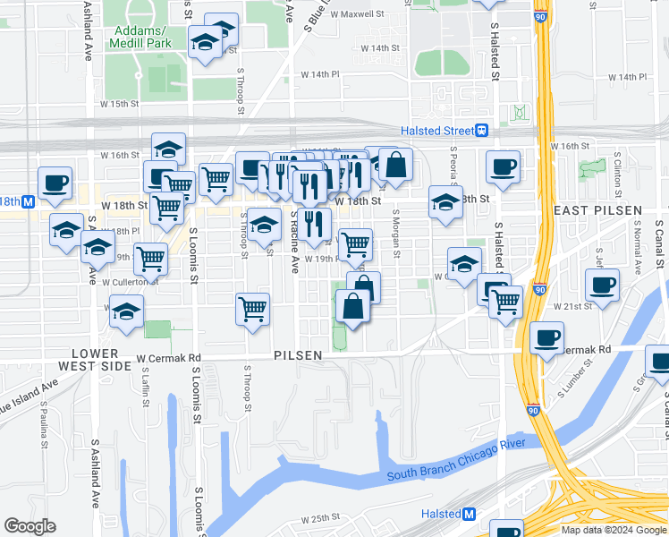 map of restaurants, bars, coffee shops, grocery stores, and more near 1120 West 19th Place in Chicago
