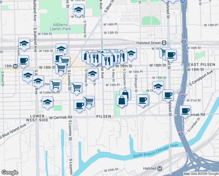 map of restaurants, bars, coffee shops, grocery stores, and more near 1160 West 19th Place in Chicago