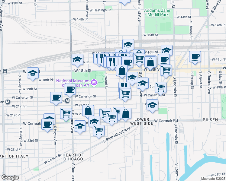 map of restaurants, bars, coffee shops, grocery stores, and more near 1748 West 19th Street in Chicago