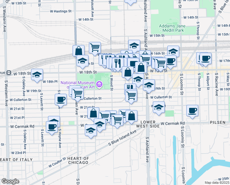 map of restaurants, bars, coffee shops, grocery stores, and more near 1748 West 19th Street in Chicago