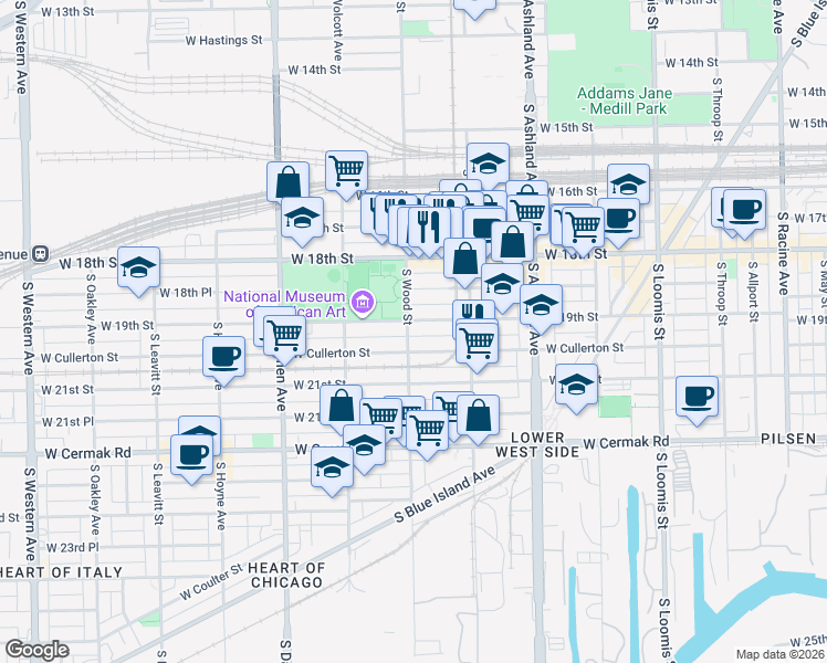 map of restaurants, bars, coffee shops, grocery stores, and more near 1748 West 19th Street in Chicago