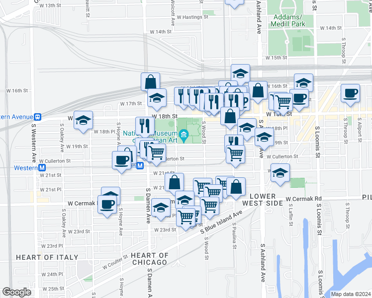 map of restaurants, bars, coffee shops, grocery stores, and more near 1823 West 19th Street in Chicago