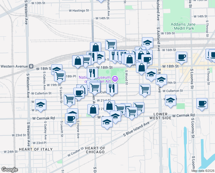 map of restaurants, bars, coffee shops, grocery stores, and more near 1901 South Wolcott Avenue in Chicago