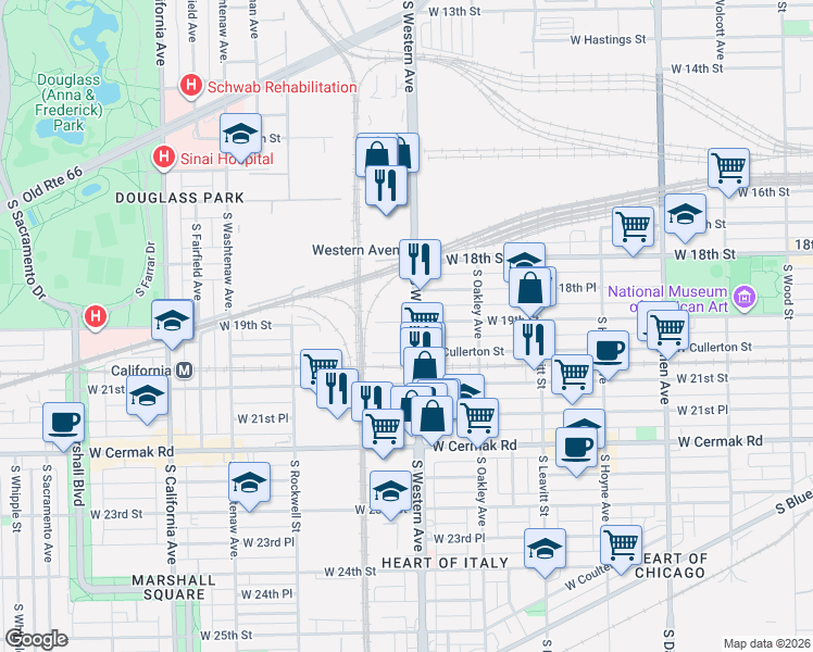 map of restaurants, bars, coffee shops, grocery stores, and more near 1853 South Western Avenue in Chicago