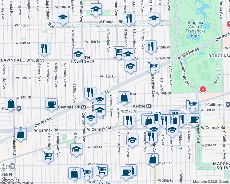 map of restaurants, bars, coffee shops, grocery stores, and more near 3418 West Ogden Avenue in Chicago