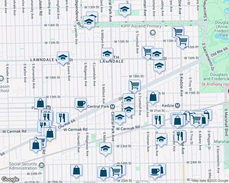 map of restaurants, bars, coffee shops, grocery stores, and more near 1836 South Central Park Avenue in Chicago
