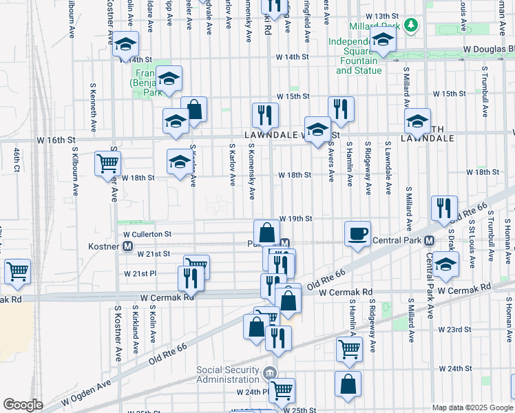map of restaurants, bars, coffee shops, grocery stores, and more near 1837 South Komensky Avenue in Chicago