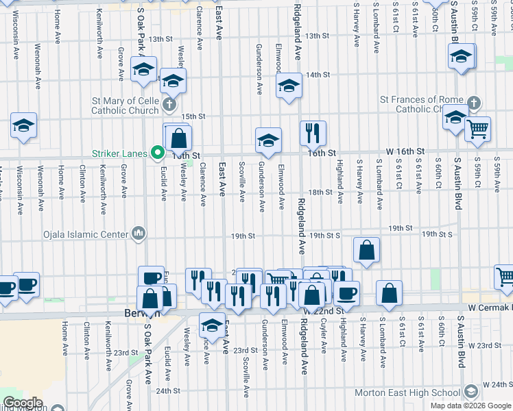 map of restaurants, bars, coffee shops, grocery stores, and more near 6446 18th Street in Berwyn