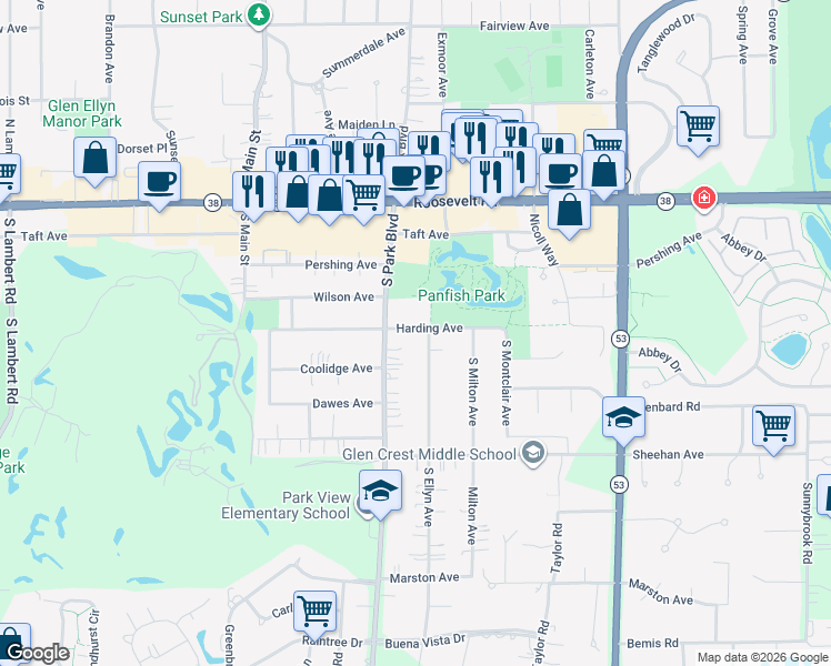 map of restaurants, bars, coffee shops, grocery stores, and more near 640 Harding Avenue in Glen Ellyn