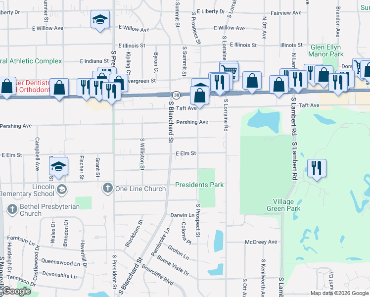map of restaurants, bars, coffee shops, grocery stores, and more near 1418 Wilson Avenue in Wheaton