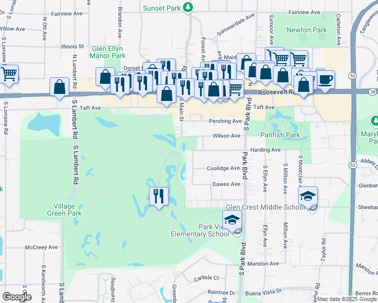 map of restaurants, bars, coffee shops, grocery stores, and more near 108 South Parkside Avenue in Glen Ellyn