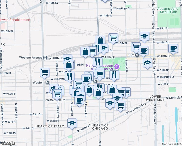 map of restaurants, bars, coffee shops, grocery stores, and more near 2033 West 19th Street in Chicago