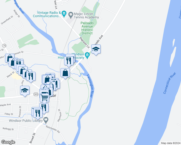 map of restaurants, bars, coffee shops, grocery stores, and more near 65 North Meadow Road in Windsor