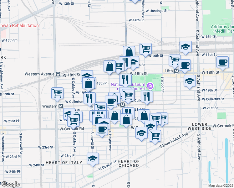 map of restaurants, bars, coffee shops, grocery stores, and more near 2033 West 19th Street in Chicago