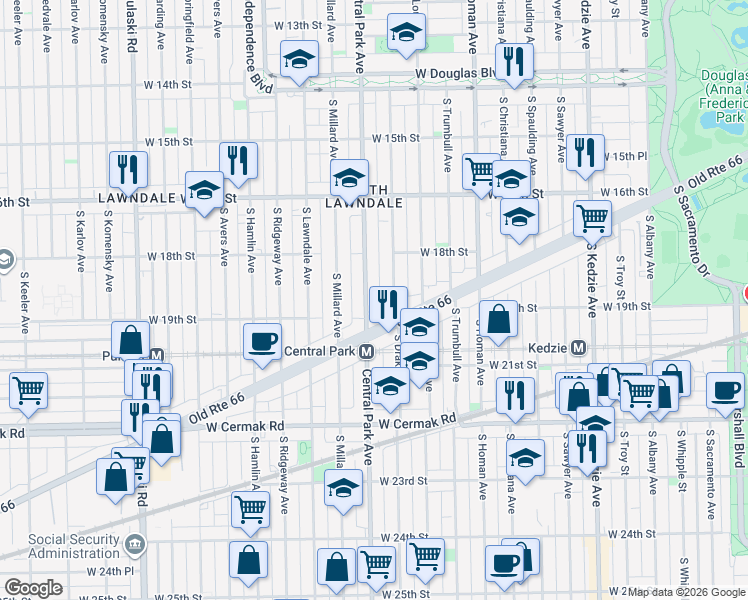 map of restaurants, bars, coffee shops, grocery stores, and more near 1836 South Central Park Avenue in Chicago