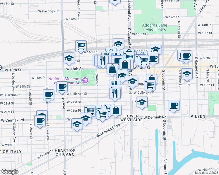 map of restaurants, bars, coffee shops, grocery stores, and more near 1708 West 19th Street in Chicago