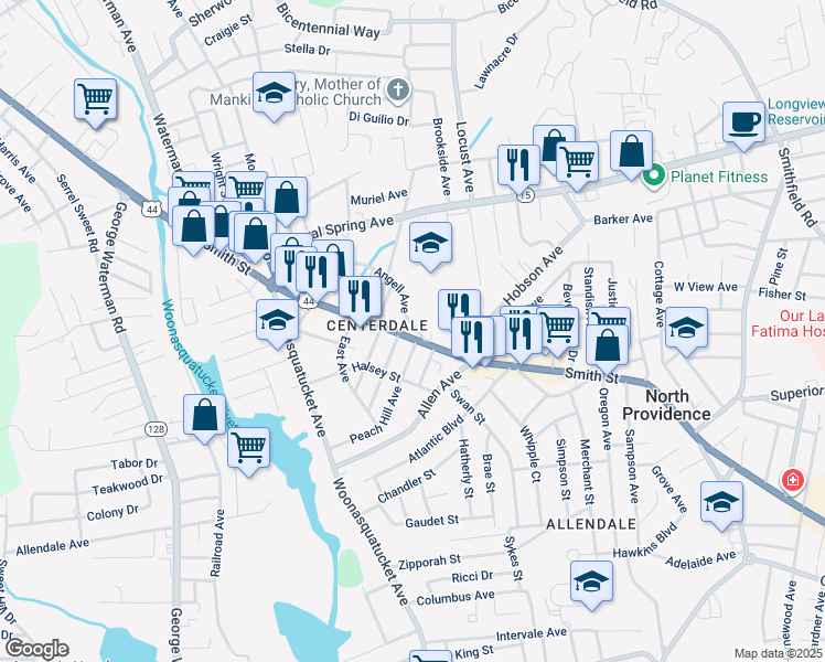 map of restaurants, bars, coffee shops, grocery stores, and more near in Centerdale