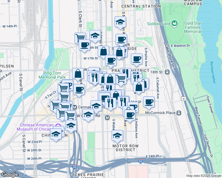 map of restaurants, bars, coffee shops, grocery stores, and more near 1918 South Wabash Avenue in Chicago